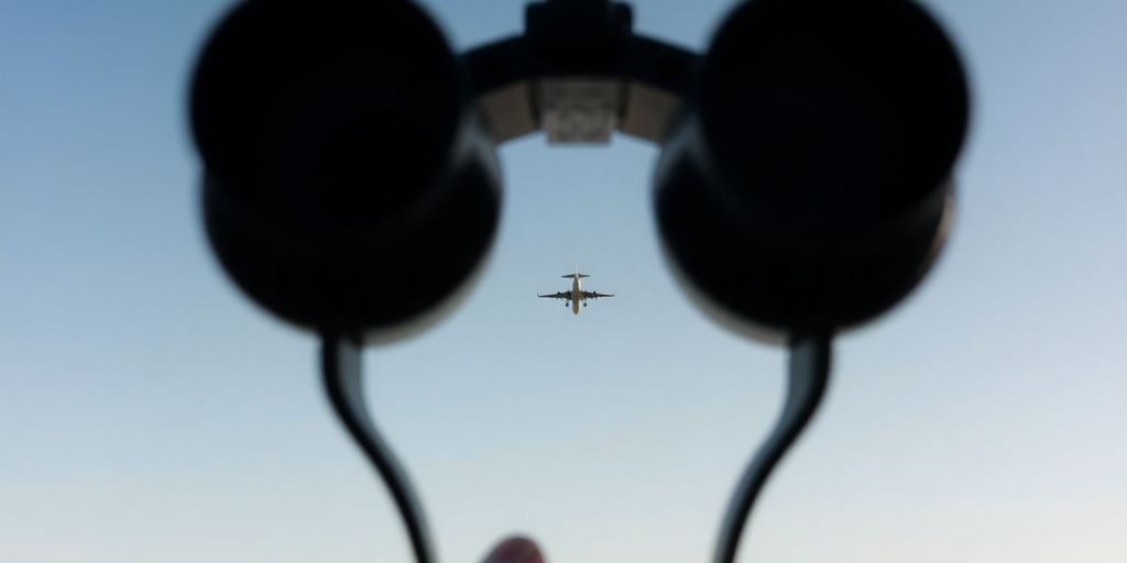 Binoculars aimed at a distant airplane.