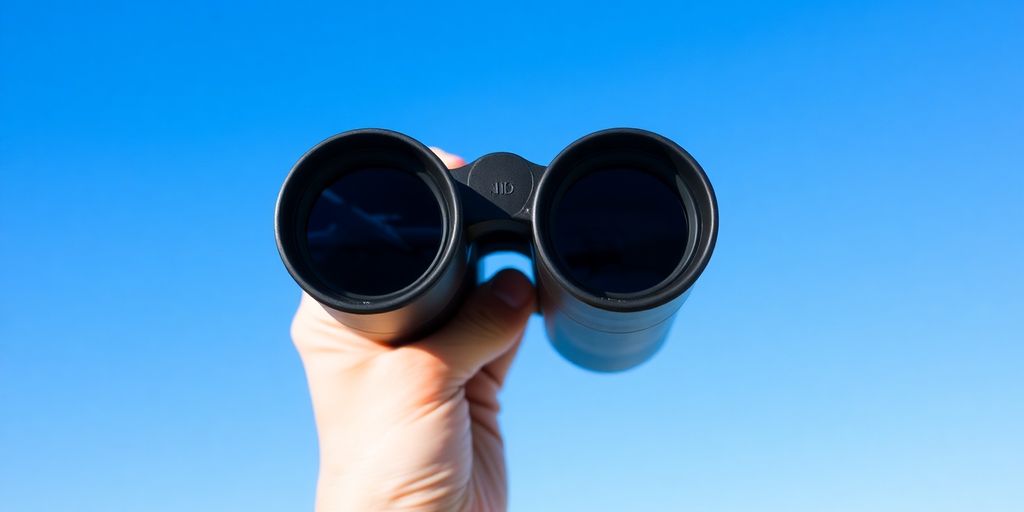 Binoculars focused on a distant airplane.