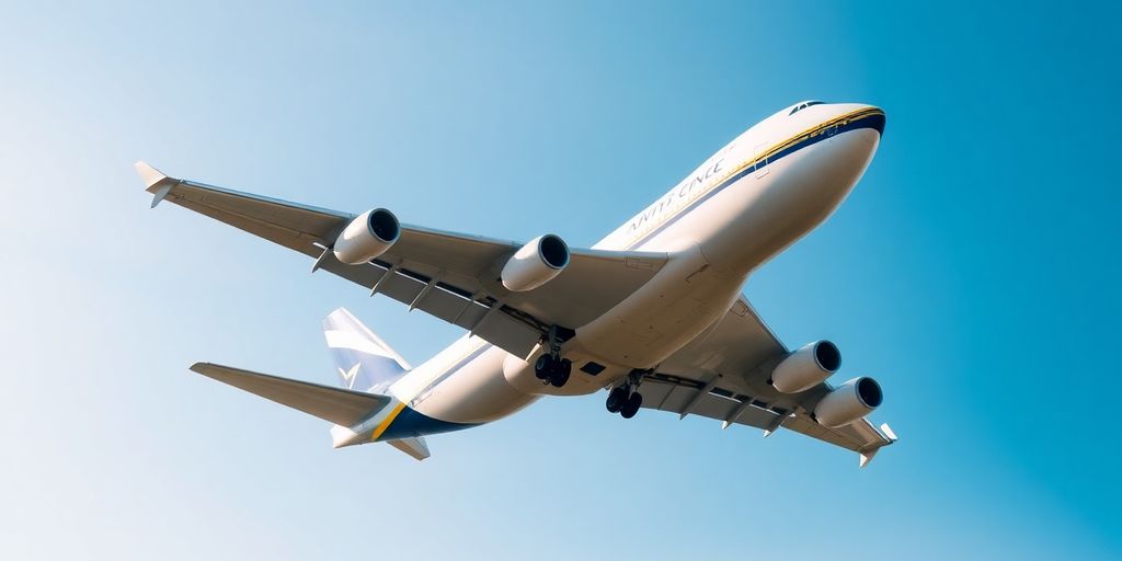 Boeing 747 airplane flying in a blue sky.